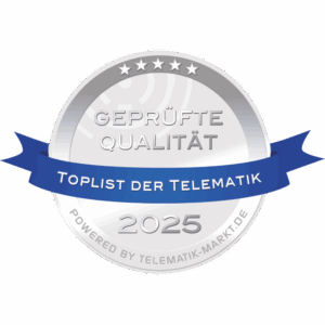 Silver badge with five stars, reads "Geprüfte Qualität," "Toplist der Telematik," "2025," and "Powered by Telematik-Markt.de" on a blue ribbon and circular border.