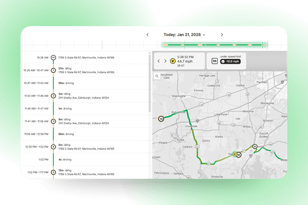 Digital interface showing a vehicle route on a map, detailed with time-stamped driving events and speed data for January 21, 2026.