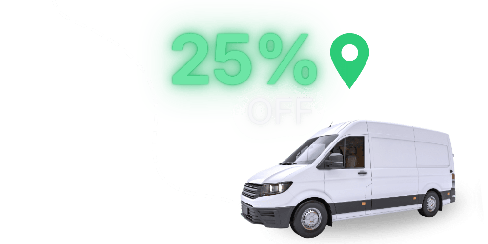 White delivery van with a green "25% off" text and a location pin icon above it on a plain background.