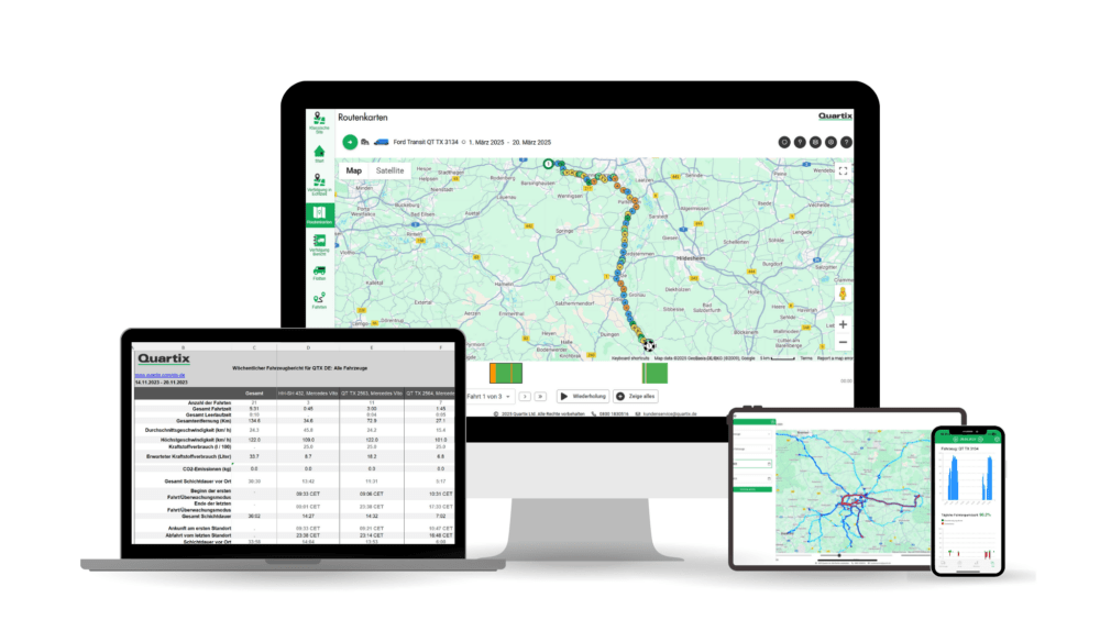Four devices display vehicle tracking software interfaces, including maps with routes and data tables, on a desktop, laptop, tablet, and smartphone.