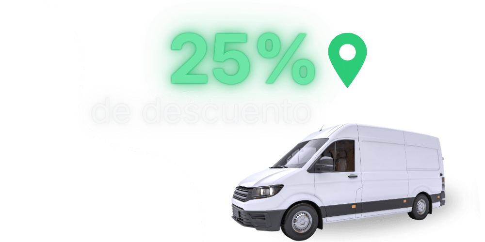 A white delivery van with a 25% discount sign and a location pin above it, with text in Spanish reading "de descuento" on a light background.