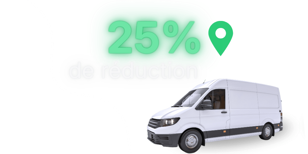 A white delivery van with text above showing "25% de réduction" and a green location pin symbol.