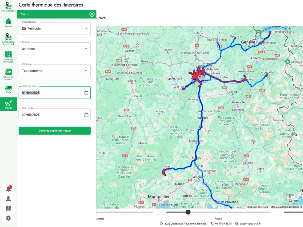 Screenshot of a French route heatmap tool showing major vehicle routes between Geneva and Montpellier, with highlighted paths and input fields for dates, vehicle type, and group.