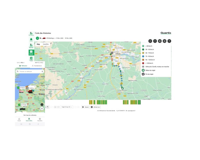 A digital map shows a vehicle route from Paris to Lille, with stops marked on the path and distance intervals indicated on the right. An inset displays a mobile map interface.
