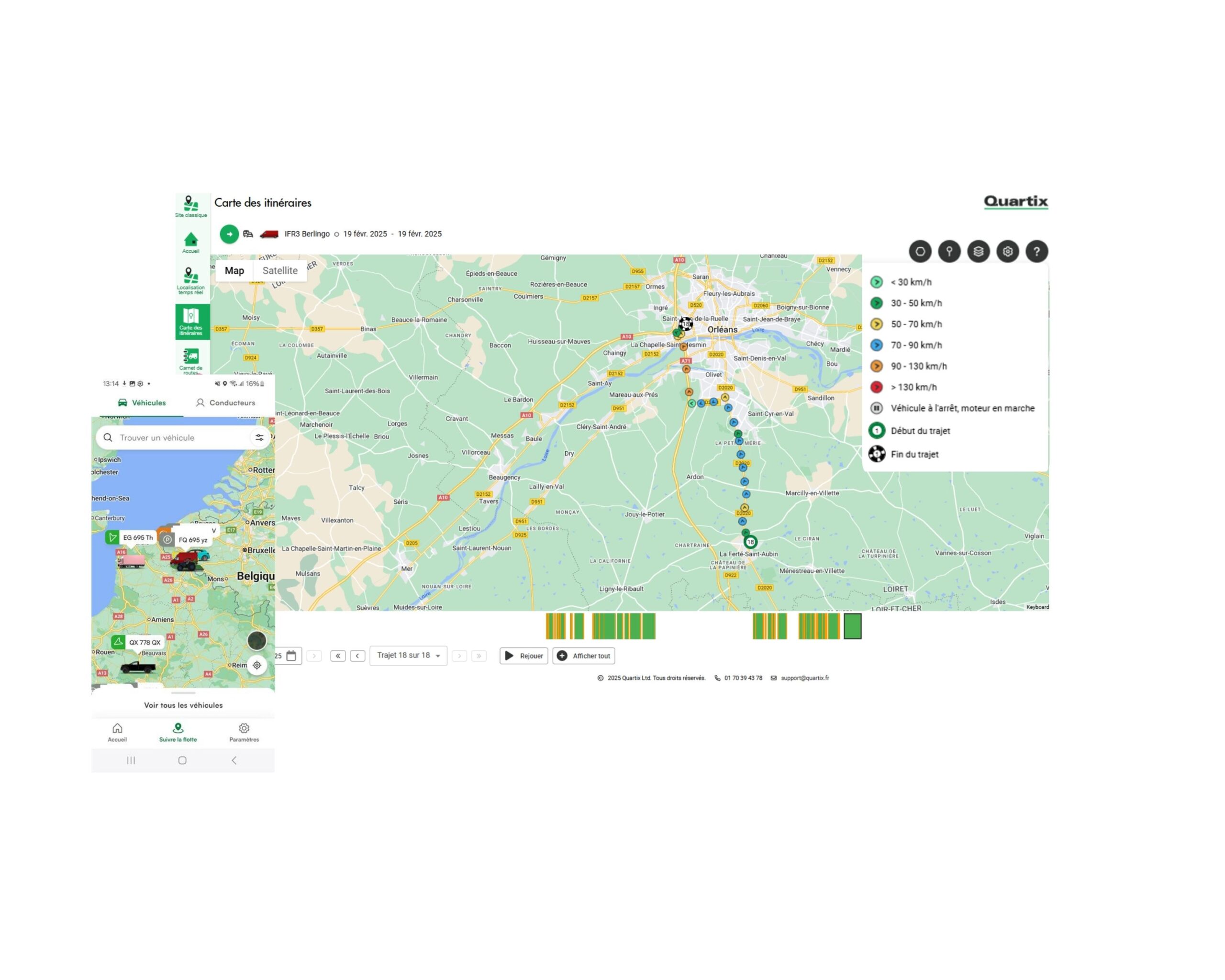 A digital map shows a vehicle route from Paris to Lille, with stops marked on the path and distance intervals indicated on the right. An inset displays a mobile map interface.