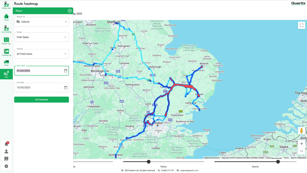 A digital map of southeast England displaying a vehicle tracking route heatmap with blue and red lines, menu options on the left, and the Quartix logo in the top right corner.