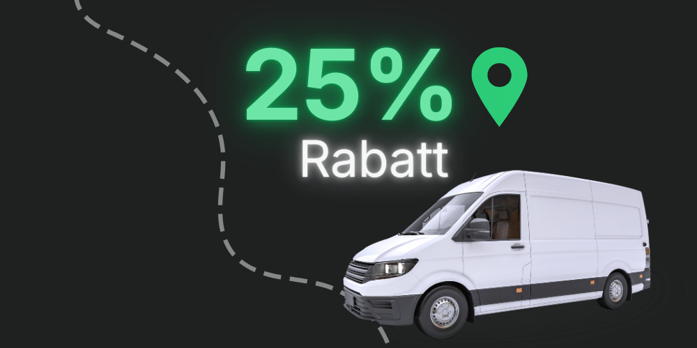 A white delivery van next to the text "25% Rabatt" with a location pin and a dashed path on a black background.