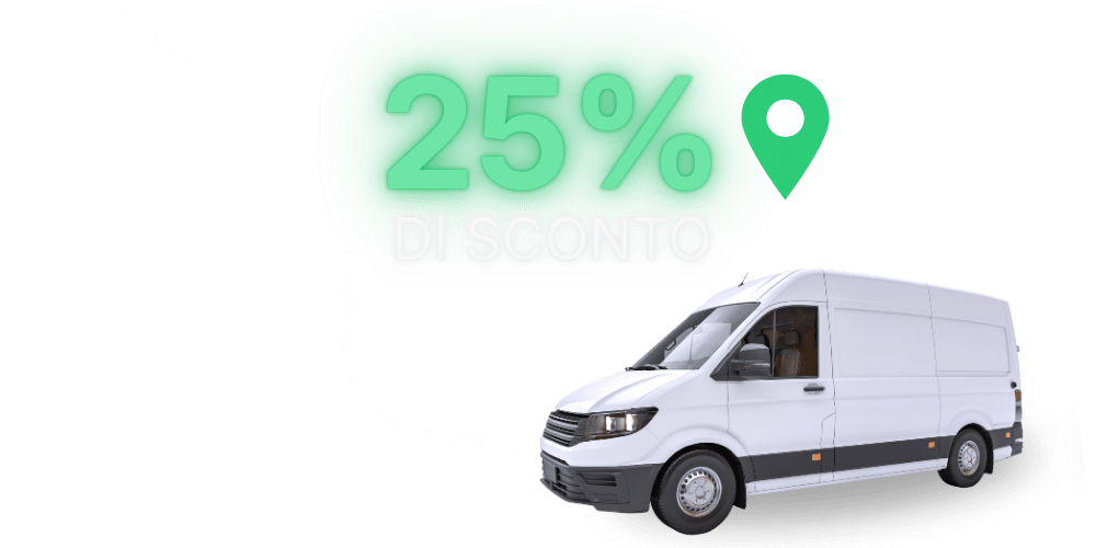 A white delivery van with a green location pin and text reading "25% di sconto" on a light background.