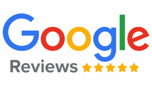 Google logo above the word "Reviews" with five yellow stars, indicating a five-star rating system for Google Reviews.
