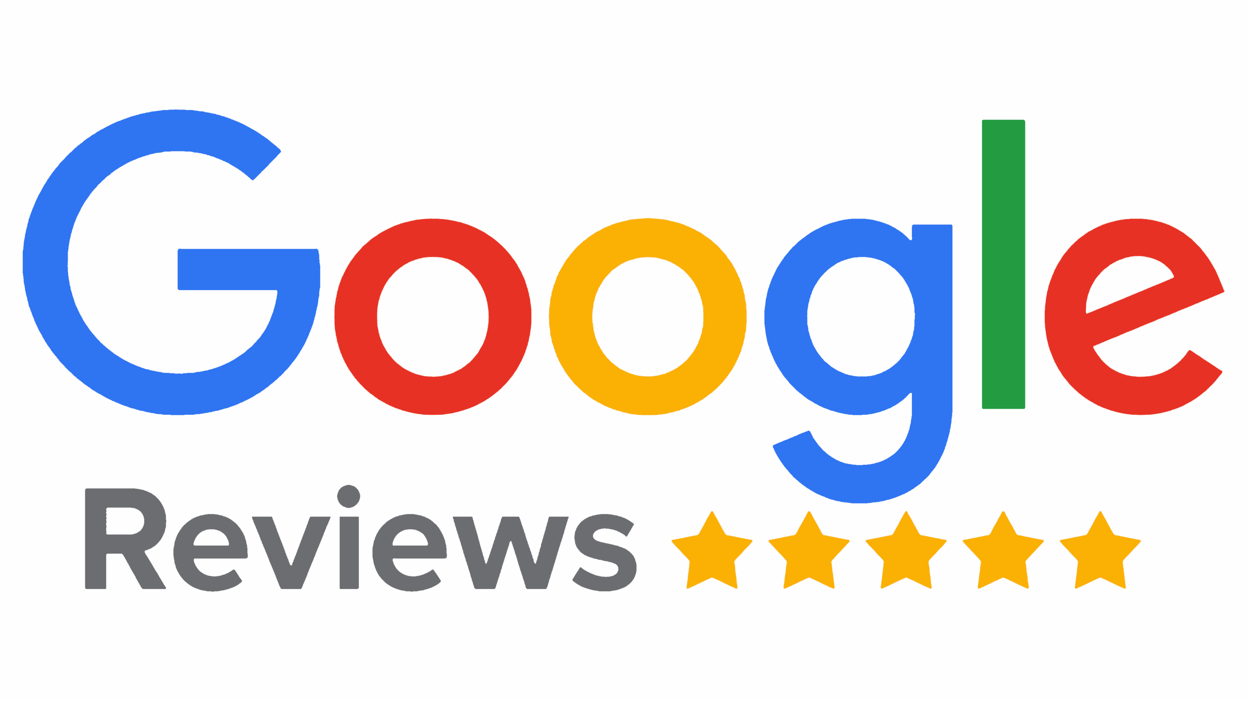 Google logo above the word "Reviews" with five yellow stars, indicating a five-star rating system for Google Reviews.