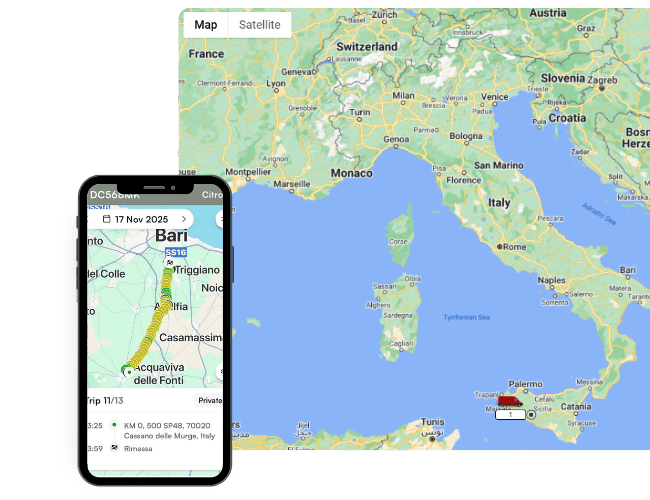 A smartphone with a navigation app open is positioned in front of a map of Italy, showing a route near Bari on both screens.
