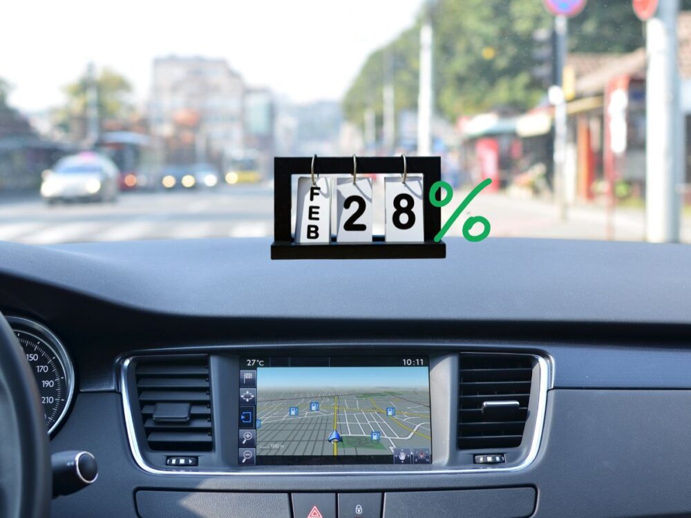 A car dashboard with a navigation screen and a desk calendar showing February 28th and a green percent sign; city street visible through windshield.