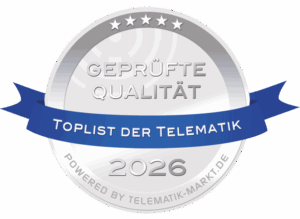 Silver badge with five stars, a blue ribbon reading "Toplist der Telematik," and text indicating "Geprüfte Qualität 2026" and "Powered by Telematik-Markt.de.