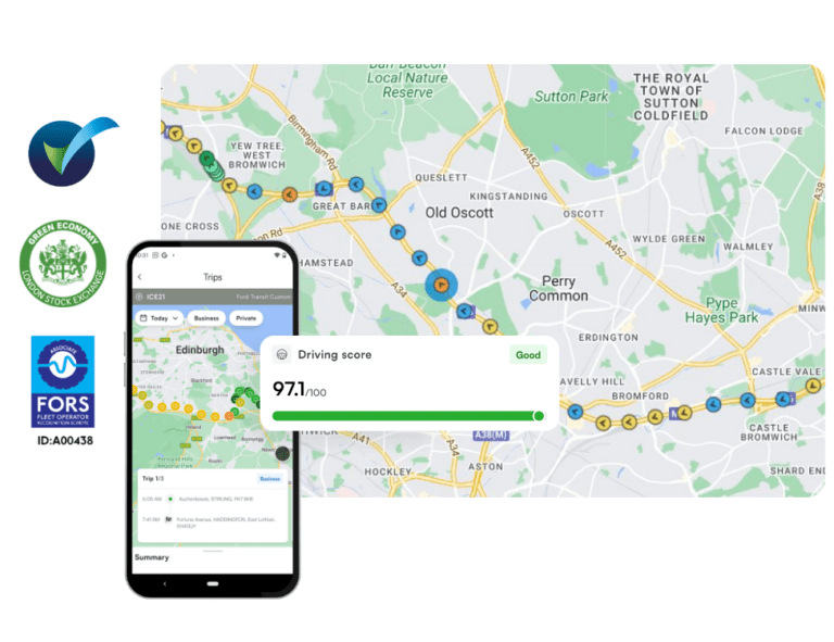 A digital map with a route marked, driving score of 97.1/100 displayed, mobile screen with journey summary, and several certification logos on the left.