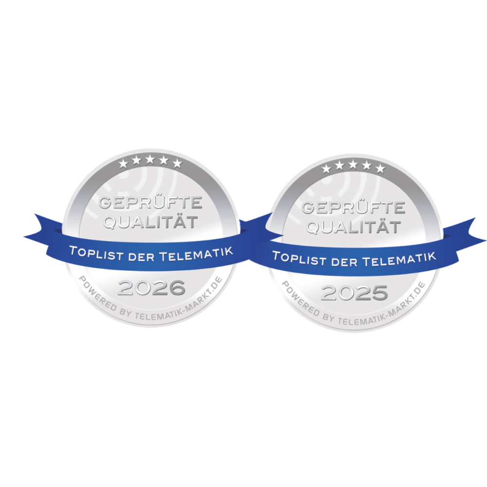 Two silver badges with blue ribbons display “Geprüfte Qualität, Toplist der Telematik” for 2026 and 2025, awarded by telematik-markt.de. Quartix ist Teil der "TOPLIST der Telematik".