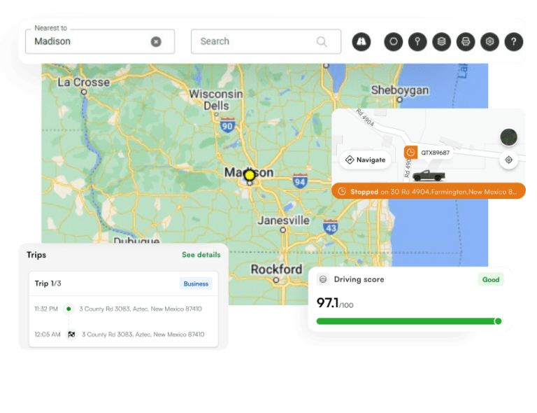 Screenshot of a ride-tracking app showing a map centered on Madison, trip details, a navigation route, and a driving score of 97.1 out of 100 marked as "Good.