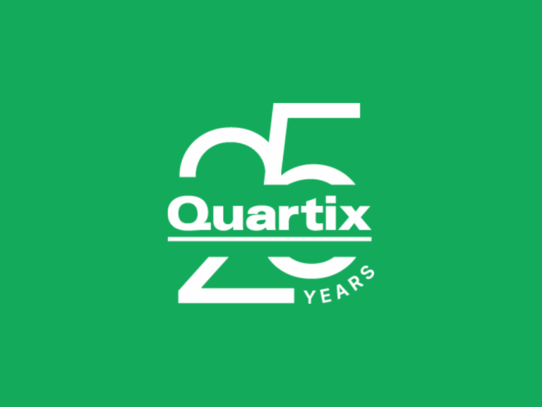 White text on a green background displays "25 Years Quartix," marking a 25th anniversary celebration for the company Quartix.