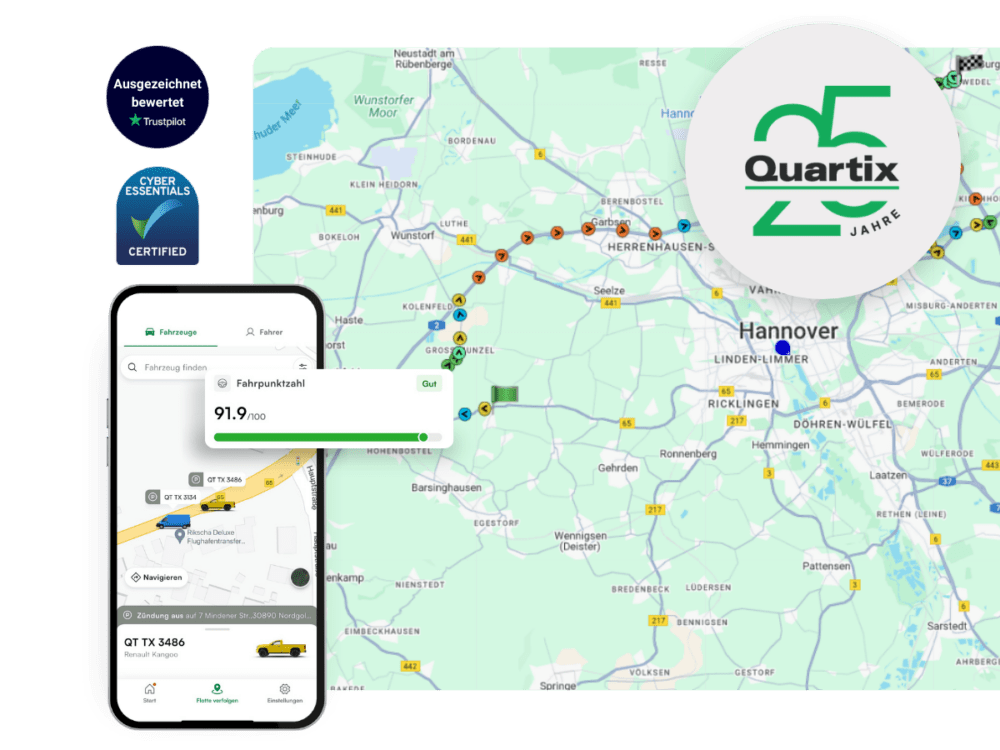 A smartphone displays a vehicle tracking app in front of a digital map of Hannover, Germany, showcasing Quartix 25 Jahre and certification badges alongside the Nr. 1 Fahrzeugortungssystem für gewerbliche Flotten on the left.