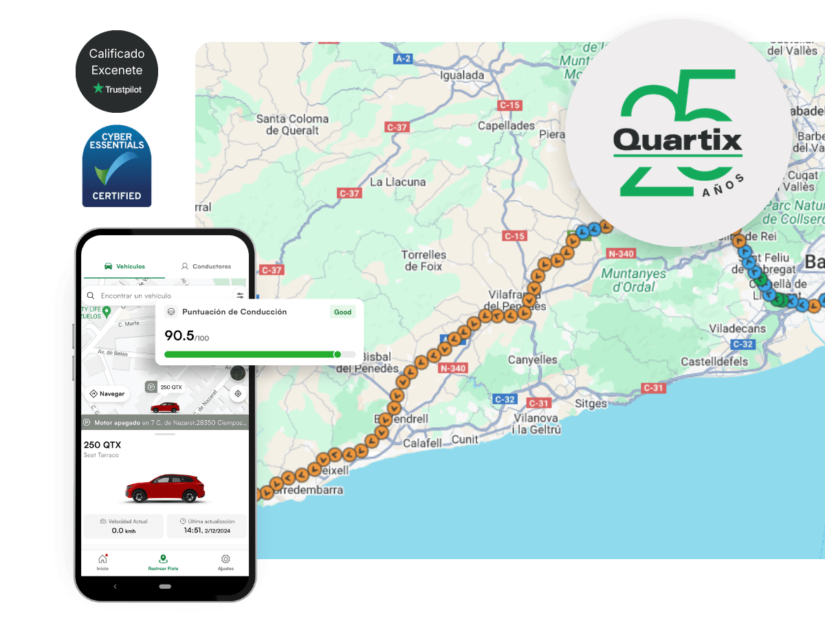 A smartphone displays a vehicle tracking app showing a driving score, overlaid on a map marked with a driving route. Quartix 25th anniversary and certification badges are visible.