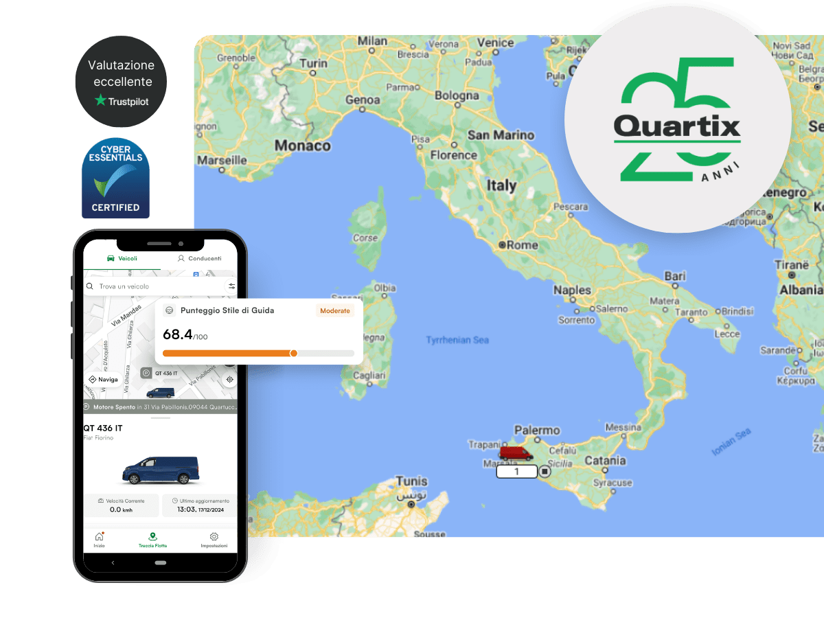 A sinistra è raffigurata una cartina dell'Italia con un telefono cellulare che visualizza un'applicazione per la localizzazione dei veicoli; a destra compaiono il logo del 25° anniversario di Quartix e i badge di certificazione.