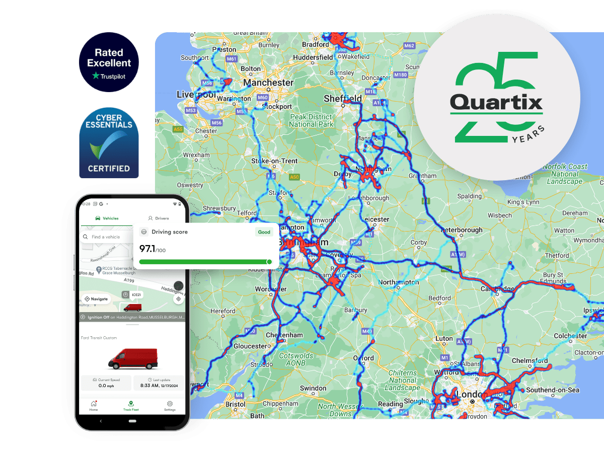 Smartphone showing a vehicle tracking app with driving data, overlaid on a map of the UK with route lines. Quartix 25 years logo and certification badges displayed in the corner.