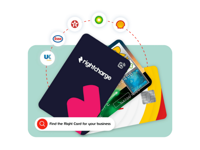 A selection of business fuel and payment cards, including one labelled "rightcharge," is shown with logos of fuel companies above and a search bar reading "Find the Right Card for your business.
