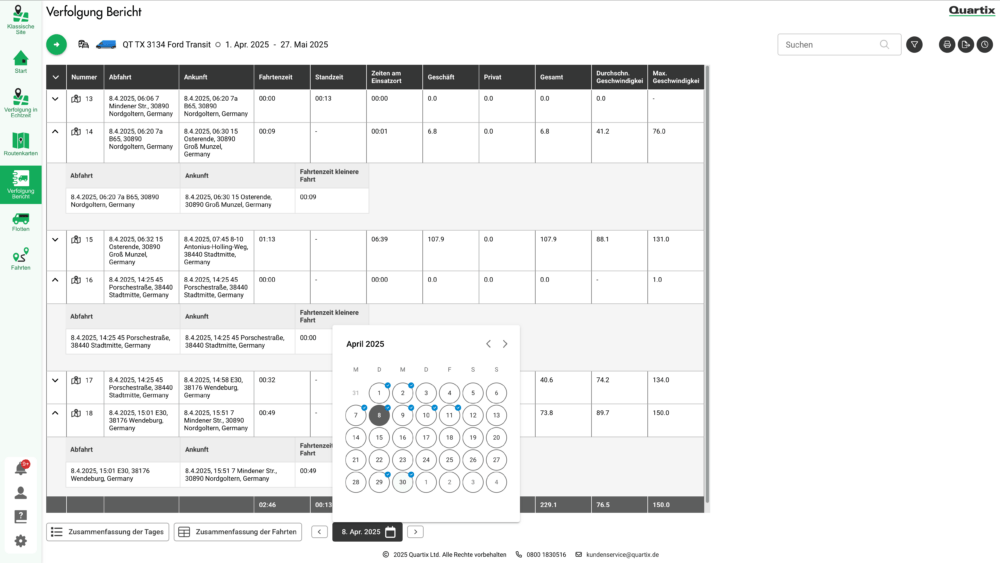 Screenshot einer Zeiterfassungssoftware mit Arbeitseinträgen, Stunden und Projekten, mit einem Pop-up-Kalender für April 2025 - ideal für erfolgreich nach der Meisterschule durch Fahrzeugortung und effiziente Arbeitsdokumentation.