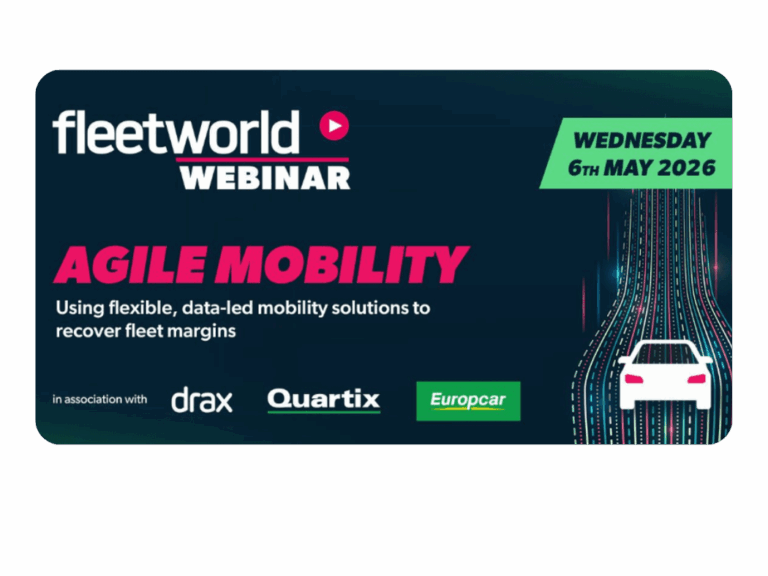 Bannière du webinaire Fleetworld pour "Agile Mobility" le 6 mai 2026, avec les partenaires Drax, Quartix et Europcar, avec un graphique d'une voiture blanche et des lignes de données.
