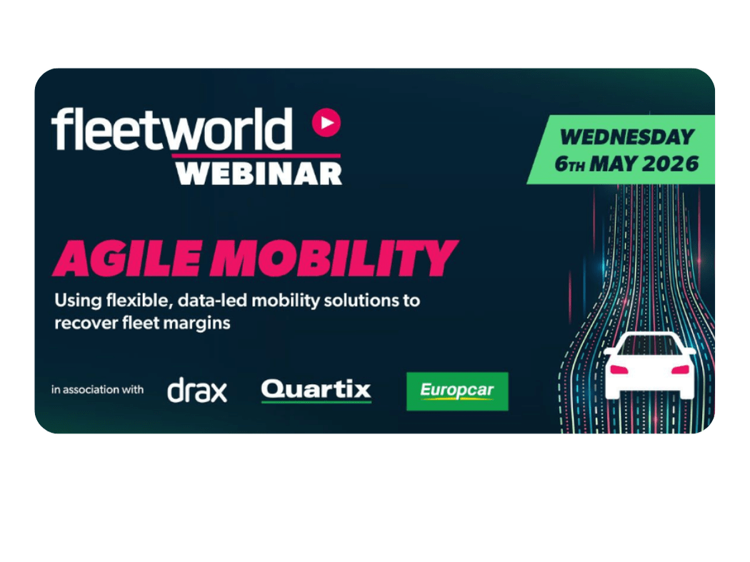 Fleetworld webinar banner for "Agile Mobility" on Wednesday, 6th May 2026, focused on flexible, data-led mobility solutions; includes logos for Drax, Quartix, and Europcar.