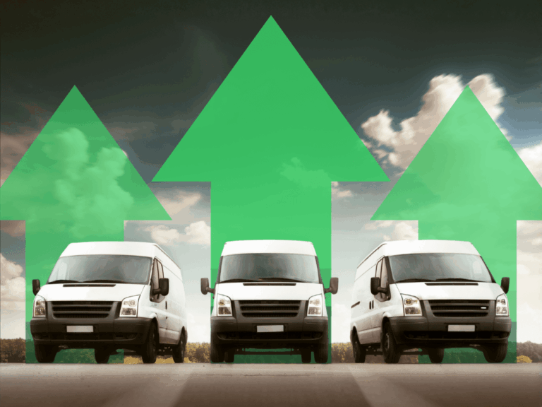 Three white delivery vans are parked side by side with large green upward-pointing arrows in the background, suggesting growth or increase in delivery or transport.
