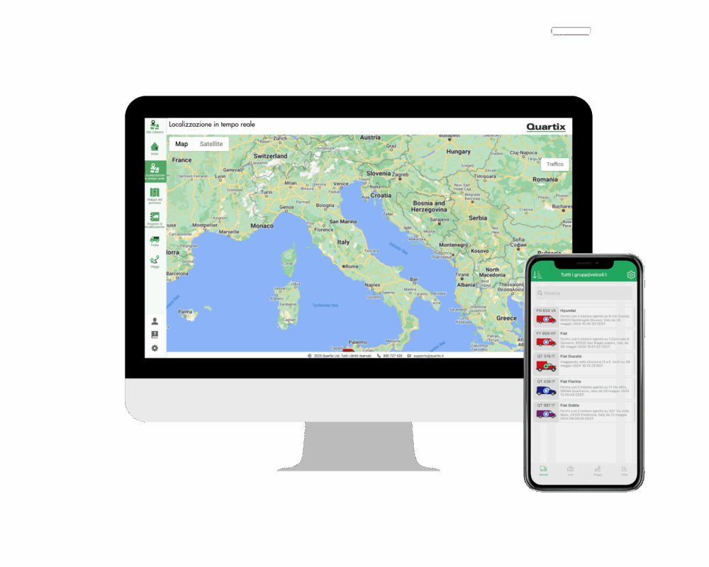 A desktop computer displays a map of Italy, while a smartphone next to it shows a list of vehicles with GPS data, illustrating monitoraggio GPS trasporto e consegna in real time.