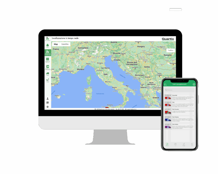 A desktop computer displays a map of Italy, while a smartphone next to it shows a list of vehicles with GPS data, illustrating monitoraggio GPS trasporto e consegna in real time.