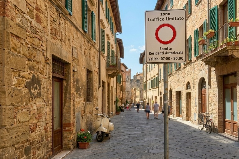 Narrow cobblestone street in an old European town with a traffic sign restricting vehicle access; people are walking and a scooter is parked by the wall.