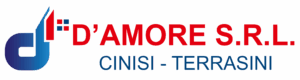 Logo for D’AMORE S.R.L. featuring a blue and red graphic on the left, with “D’AMORE S.R.L. CINISI - TERRASINI” in red and blue text, reflecting expertise in Monitoraggio GPS Trasporto e Consegna on a light background.