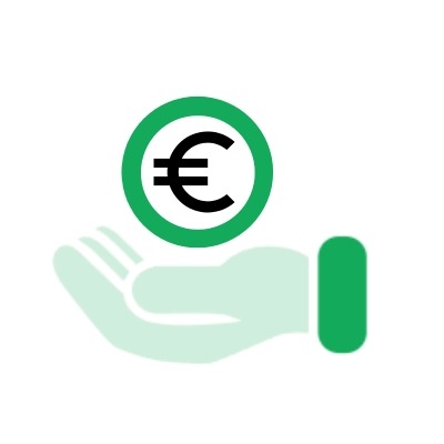 Une main stylisée avec une paume ouverte tient un symbole monétaire vert en euro à l'intérieur d'un cercle, représentant le concept de recommandation du client Quartix.