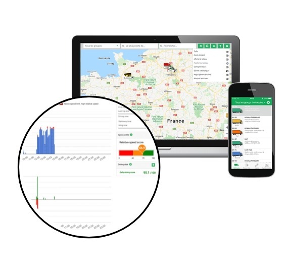 A computer screen displays a map of France with data charts, while a smartphone shows a list of vehicle information.