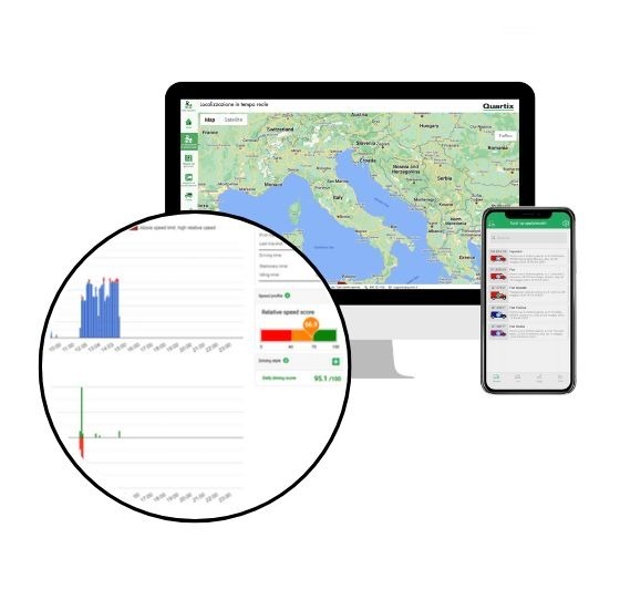 A computer screen displays a map of Italy with data graphs, accompanied by a smartphone showing a list-based app interface.