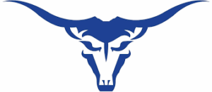 Blue stylized longhorn steer head logo with prominent horns, symbolizing strength and innovation—ideal for electric vehicle tracking—facing forward on a white background.