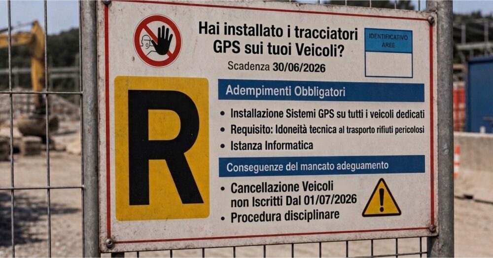 A posted sign in Italian details mandatory requirements for installing GPS trackers and eolocalizzazione on vehicles transporting rifiuti pericolosi, relevant deadlines, and consequences for non-compliance at a construction site.