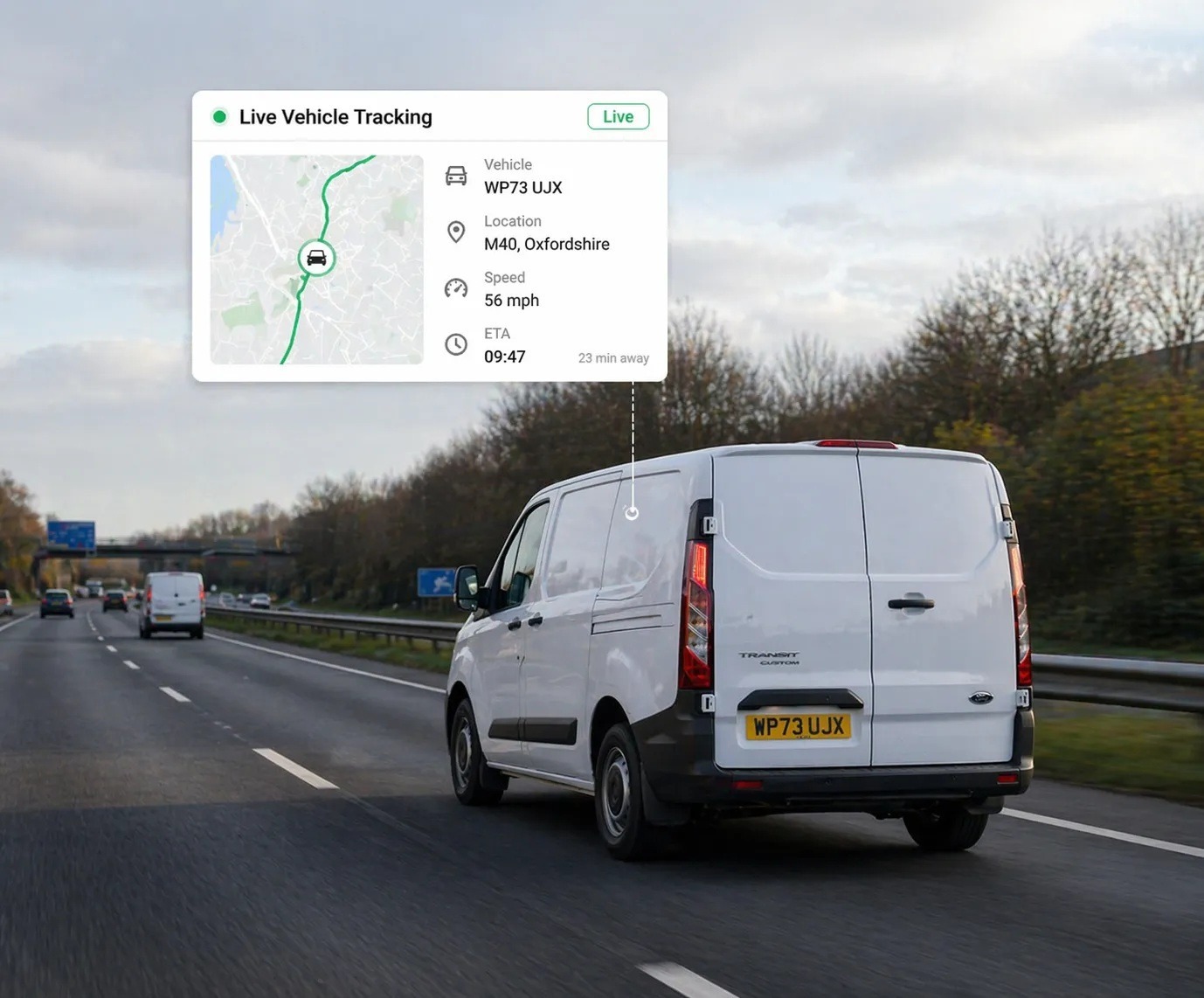 White delivery van driving on a motorway, with an inset showing live vehicle tracking details including location, speed, and estimated time of arrival.