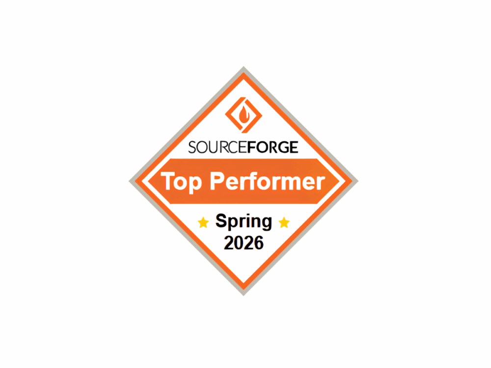 SourceForge Top Performer Spring 2026 badge with orange and white diamond design and SourceForge logo at the top.