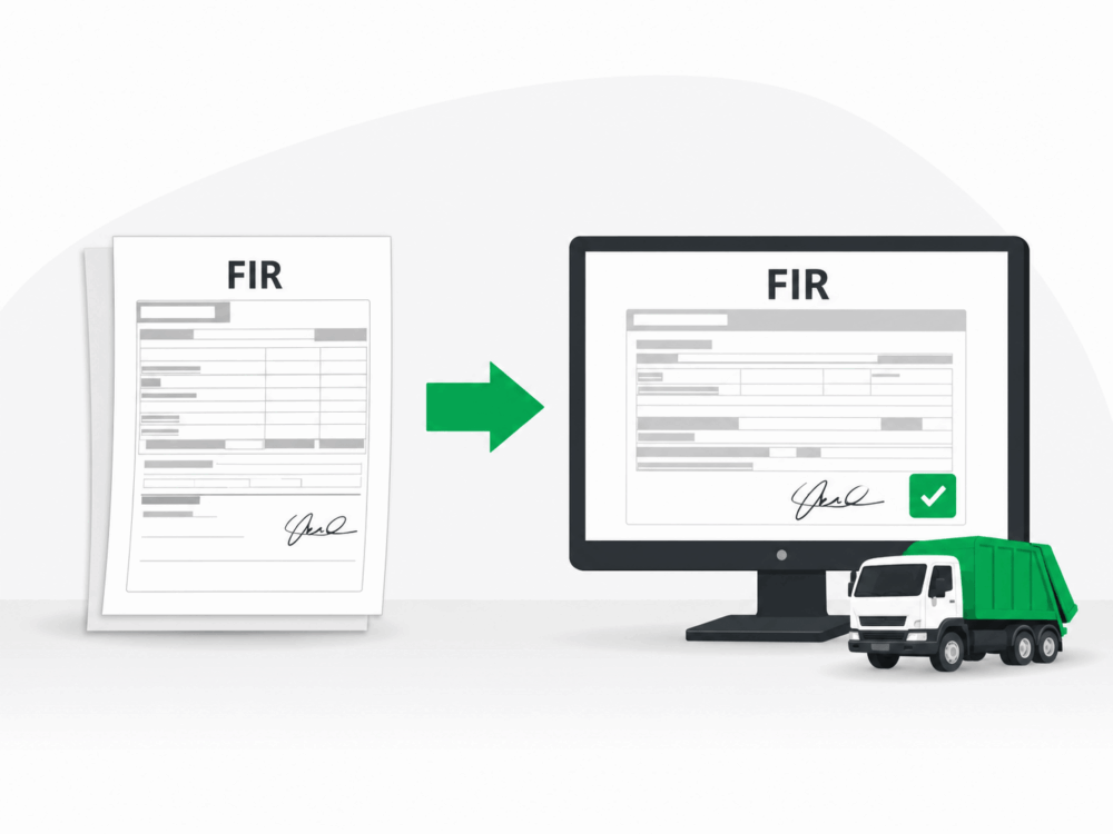 Illustration showing FIR papers on the left, an arrow pointing right to an FIR digitale on a computer screen, with a green checkmark and a garbage truck beside the monitor.