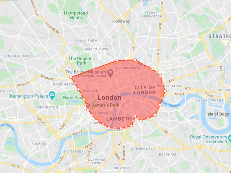 Map of central London with an area highlighted in red, covering major areas including Westminster, City of London, and parts of Lambeth—ideal locations for trades businesses.