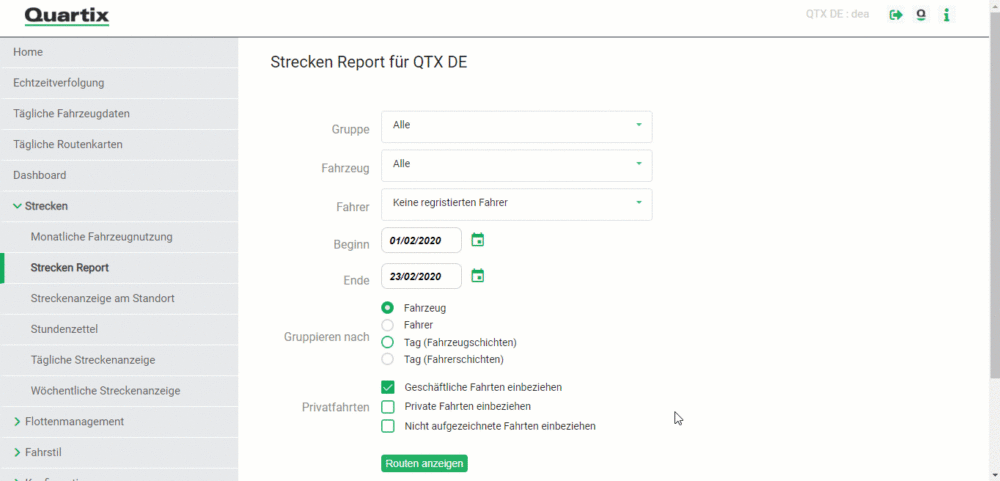 Ein Web-Dashboard für Quartix zeigt Filteroptionen für die Erstellung eines Routenberichts an, einschließlich Gruppe, Fahrer, Datumsbereich, Gruppierung, Kontrollkästchen für Privat-/Geschäftsreisen und Fahrer Arbeitszeitnachweise für detaillierte Arbeitsstundenaufzeichnungen.