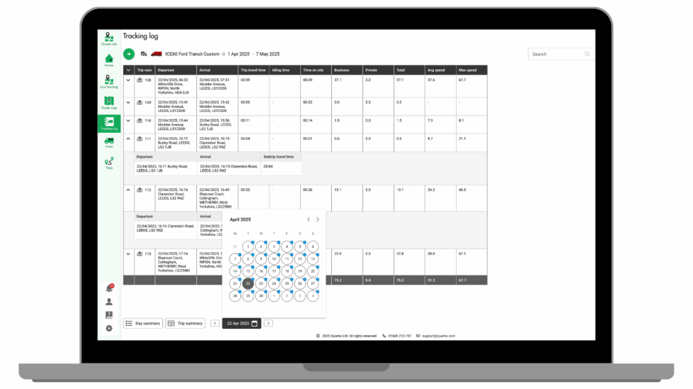 A laptop screen displays a digital travel log with a calendar and a data table showing time entries, activities, and totals for different days and users.