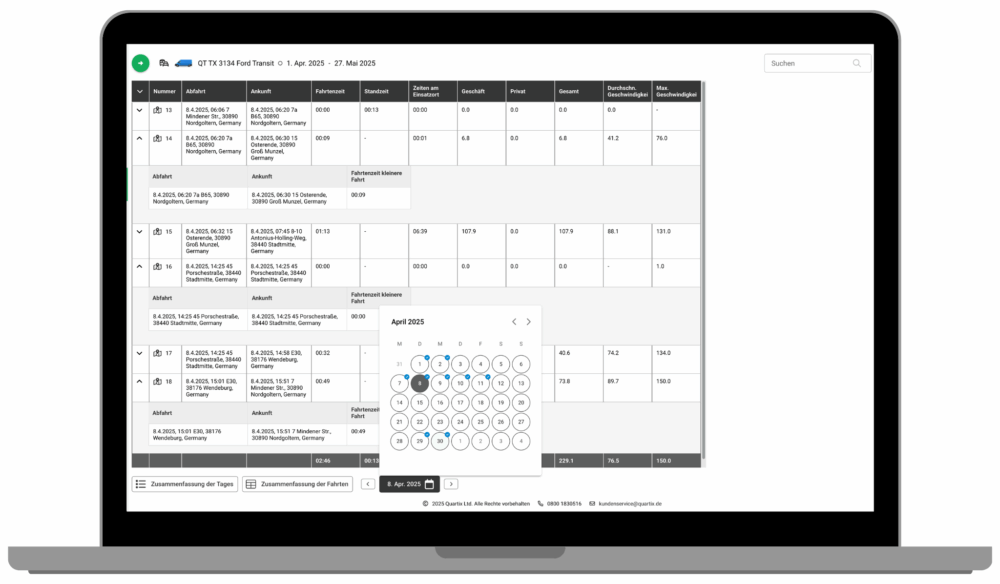 A laptop screen displays a booking calendar interface with options for room selection, prices, guest details, a digitales Fahrtenbuch feature, and a date picker focused on April 2023.