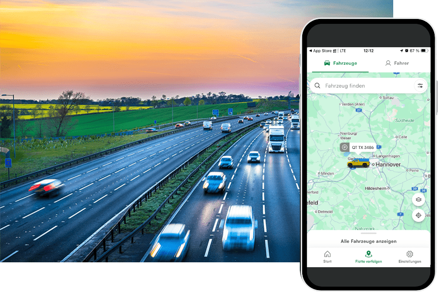 A multi-lane highway with moving vehicles at sunset, alongside a smartphone displaying a car-sharing app map centered on Hannover—ideal for Handwerksbetriebe seeking efficient urban transport solutions.