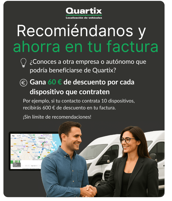 Dos personas se dan la mano delante de un vehículo de Quartix, promocionando una oferta de «Recomendar cliente» con la que las empresas pueden ahorrarse 60 € por dispositivo en su factura, sin límite en el número de recomendaciones.