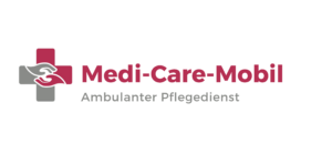 Logo for "Medi-Care-Mobil Ambulanter Pflegedienst" with stylized hands inside a cross symbol on the left, and the company name in bold red and gray text on the right.