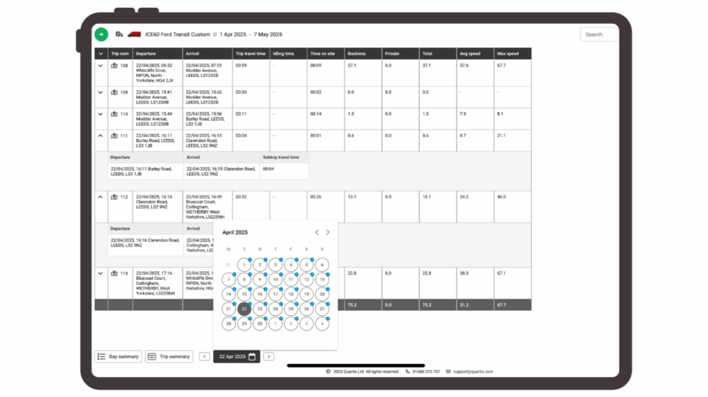 A tablet screen displays a digital travel log interface, showing vehicle journey details, mileage, duration, and a calendar view for April 2025 with selected dates.